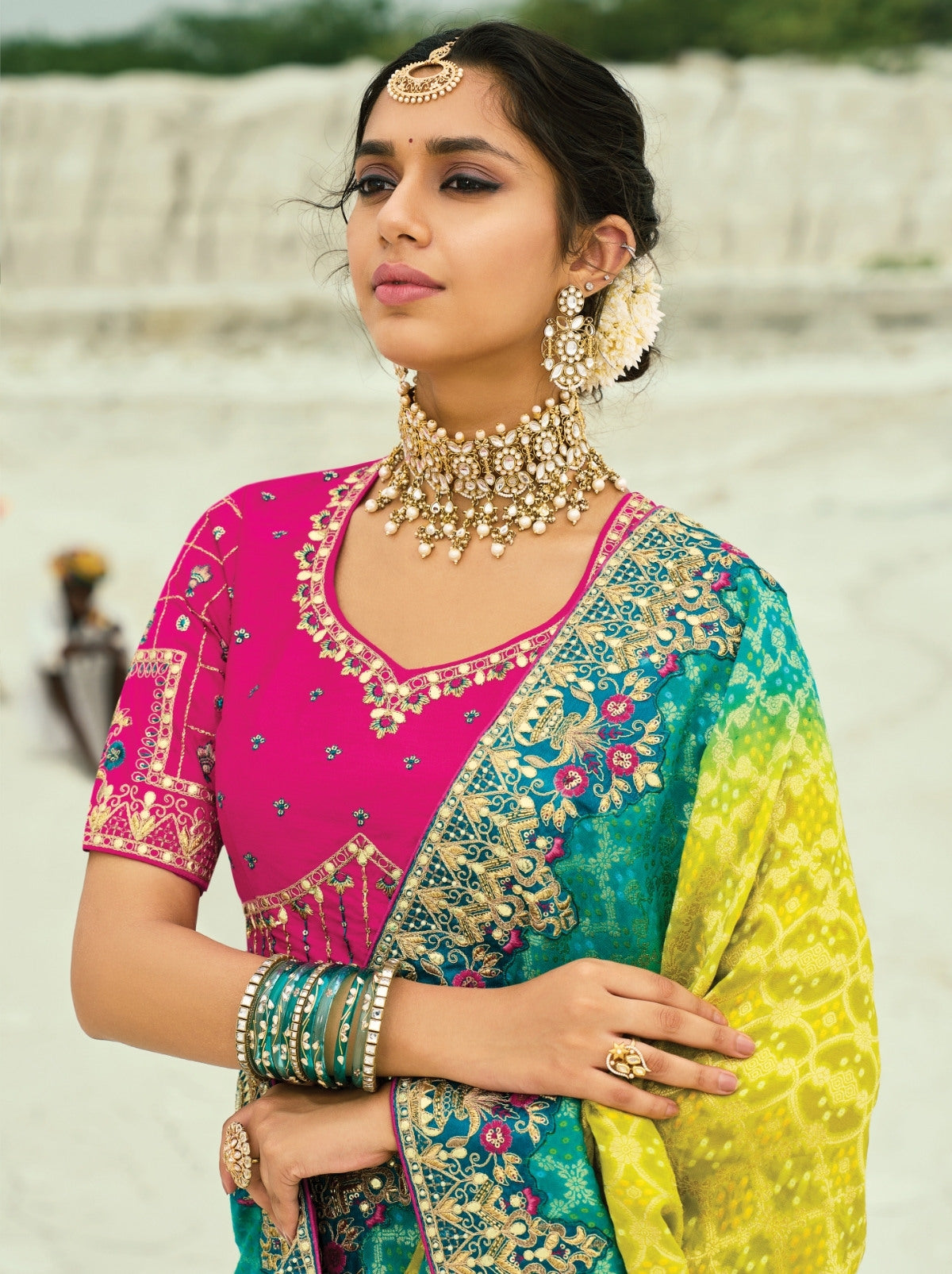 Apple Green Premium Georgette Wedding Saree With Bandhej Work