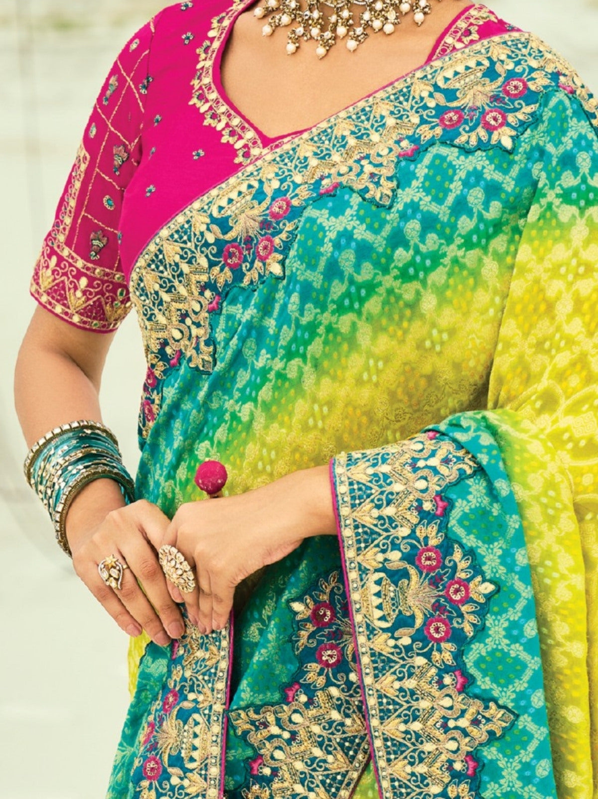 Apple Green Premium Georgette Wedding Saree With Bandhej Work