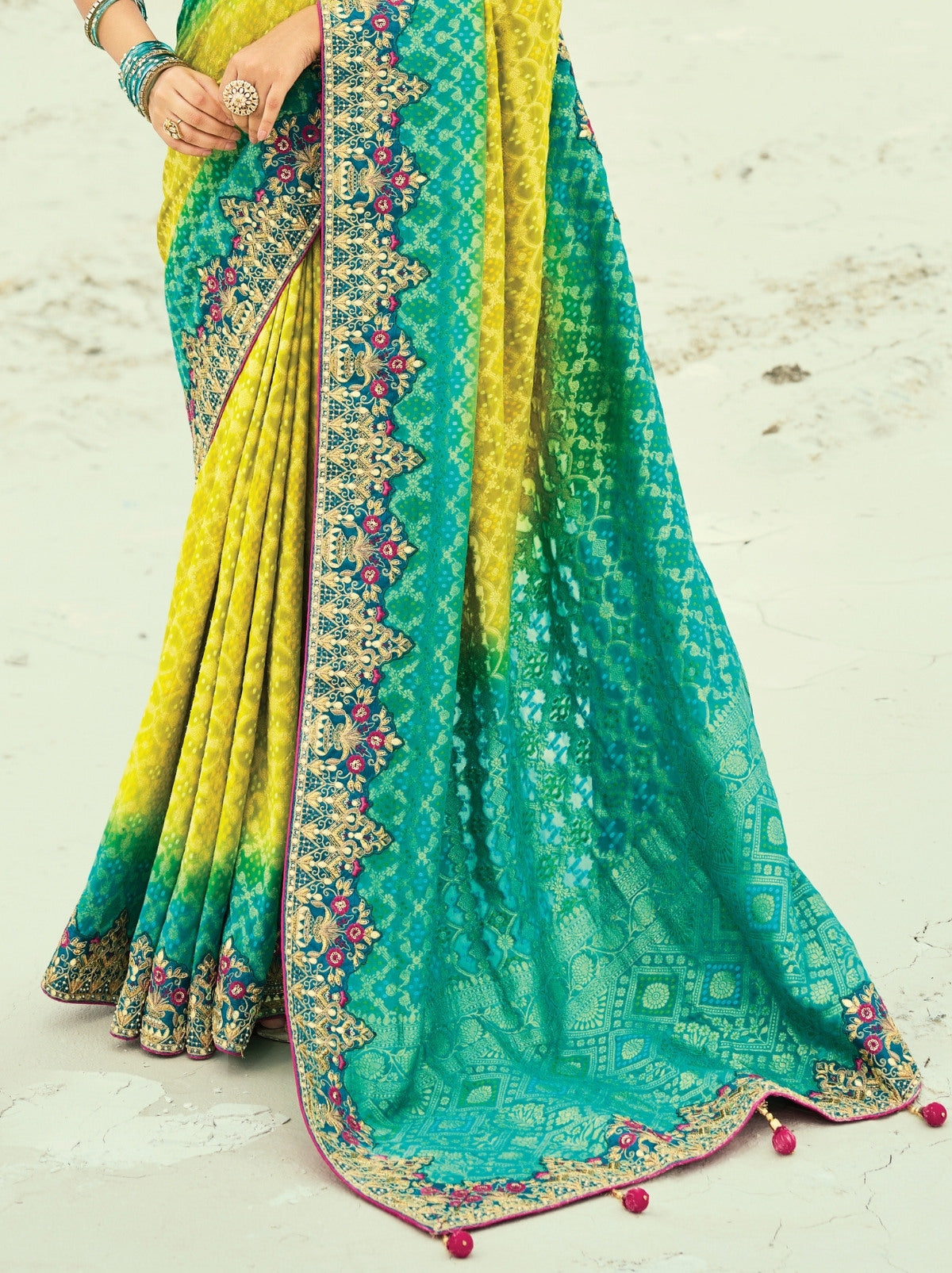 Apple Green Premium Georgette Wedding Saree With Bandhej Work