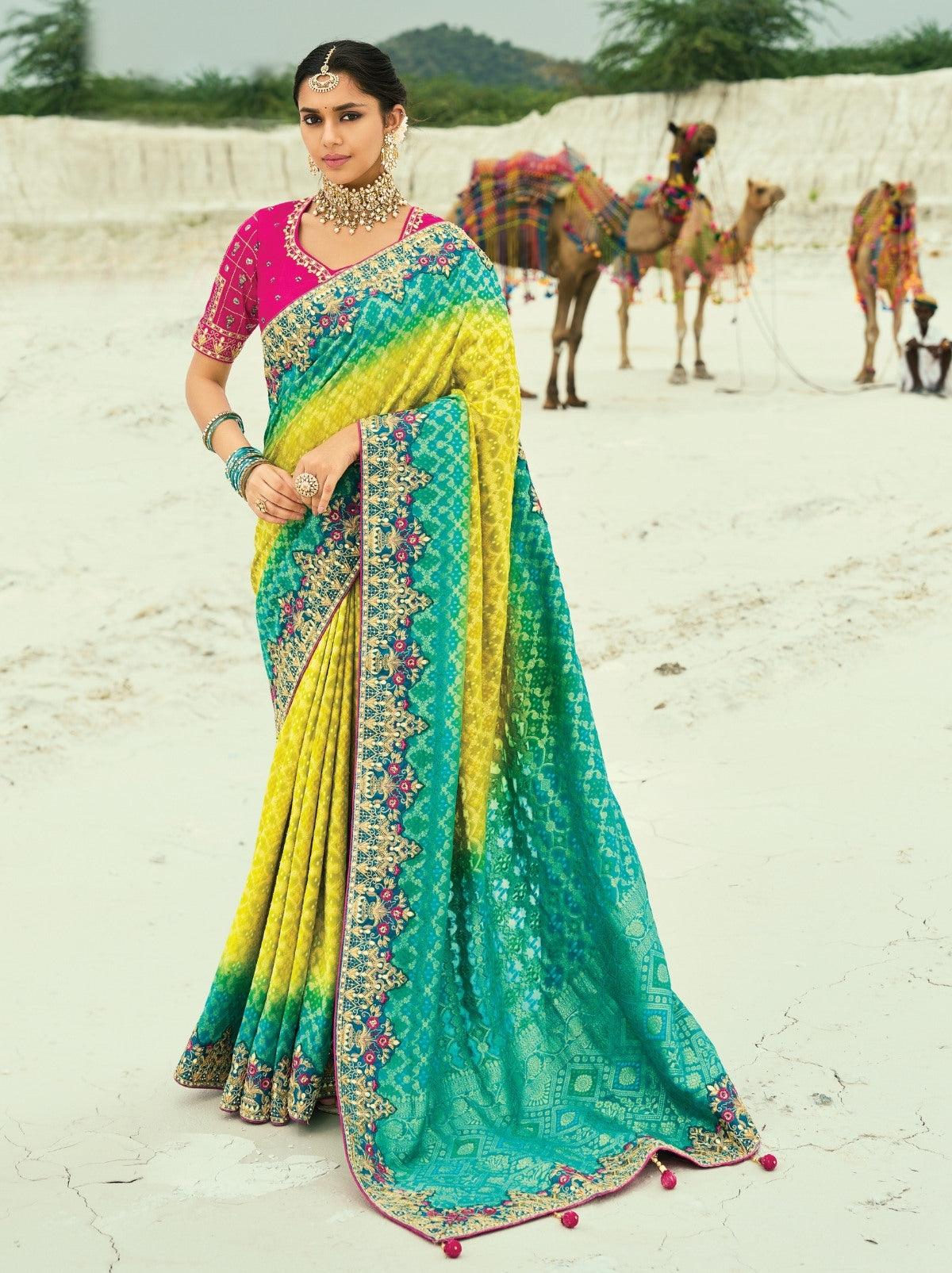 Apple Green Premium Georgette Wedding Saree With Bandhej Work