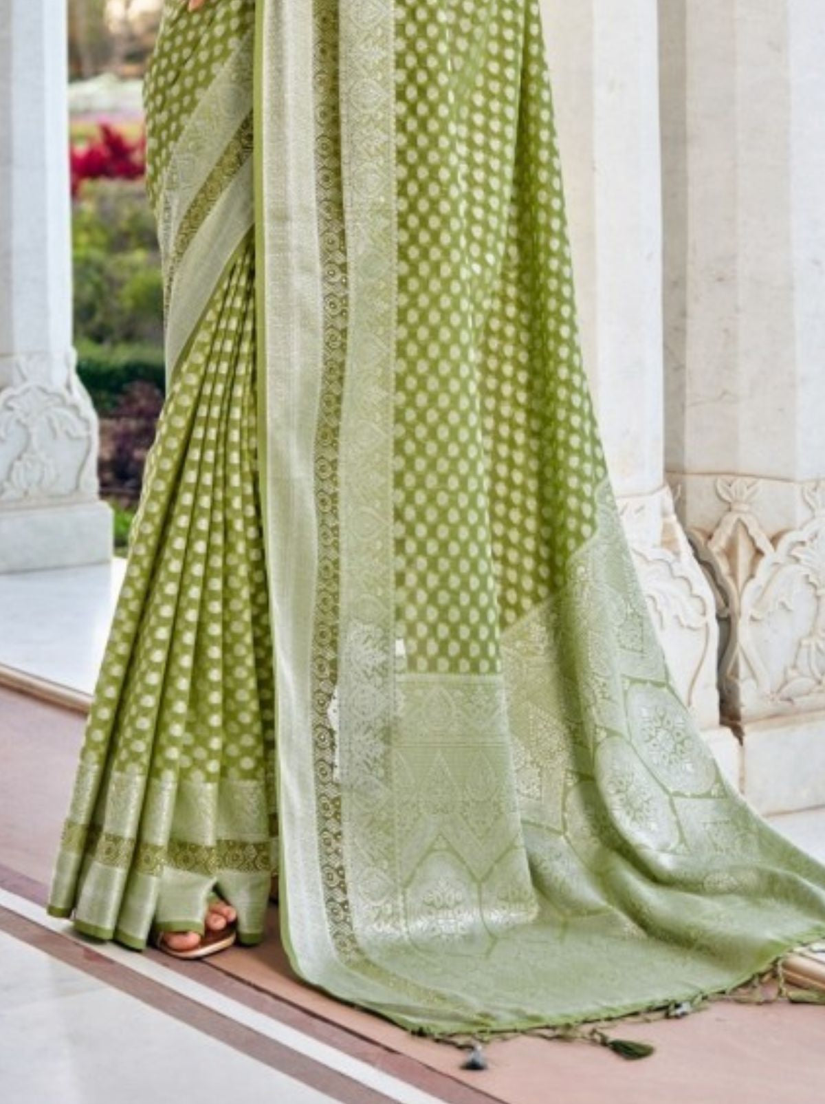 Moss Green Premium Georgette Saree With Weaved Motifs
