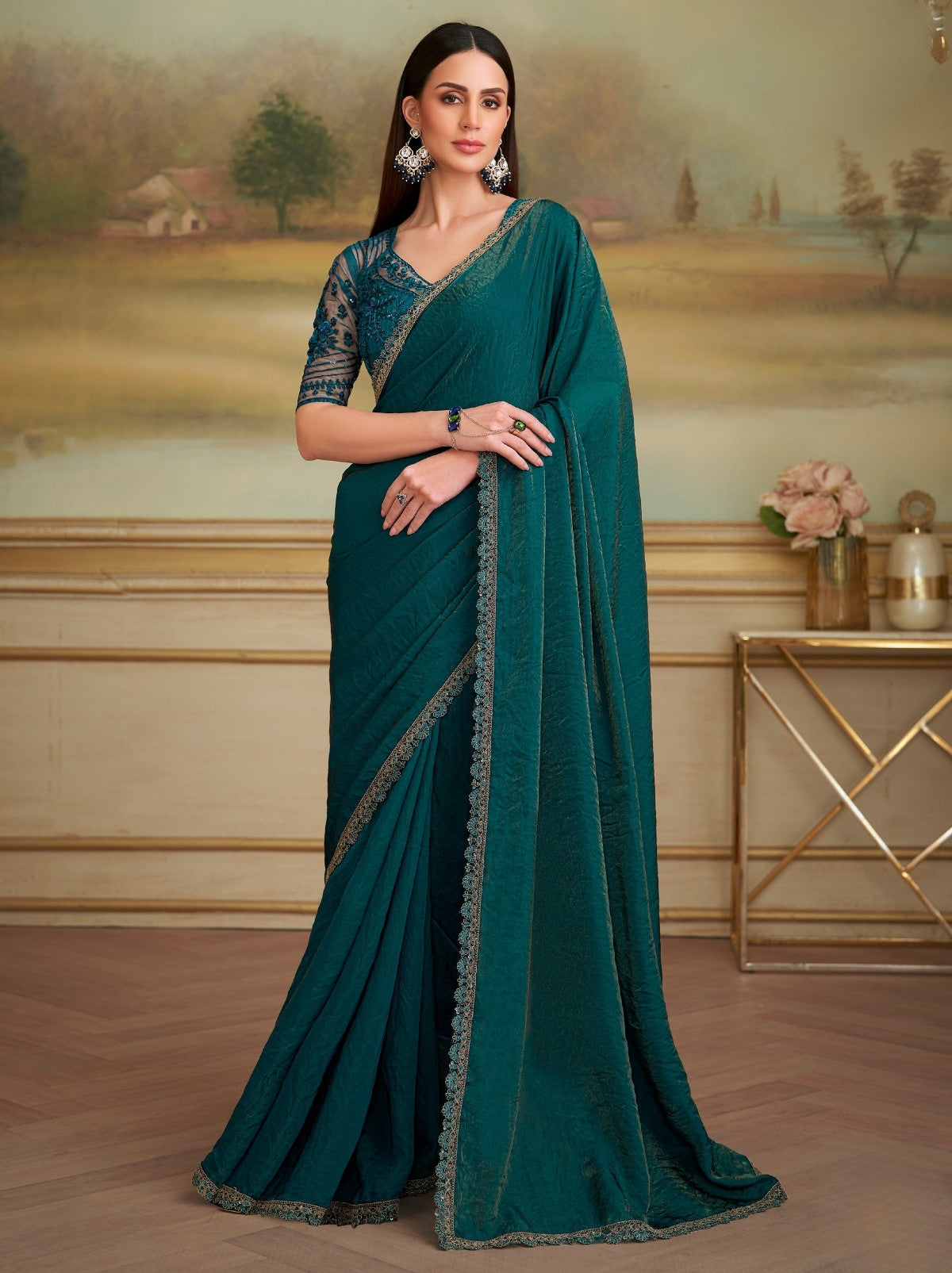 Bottle Green Premium Georgette Silk Saree For Wedding & Parties