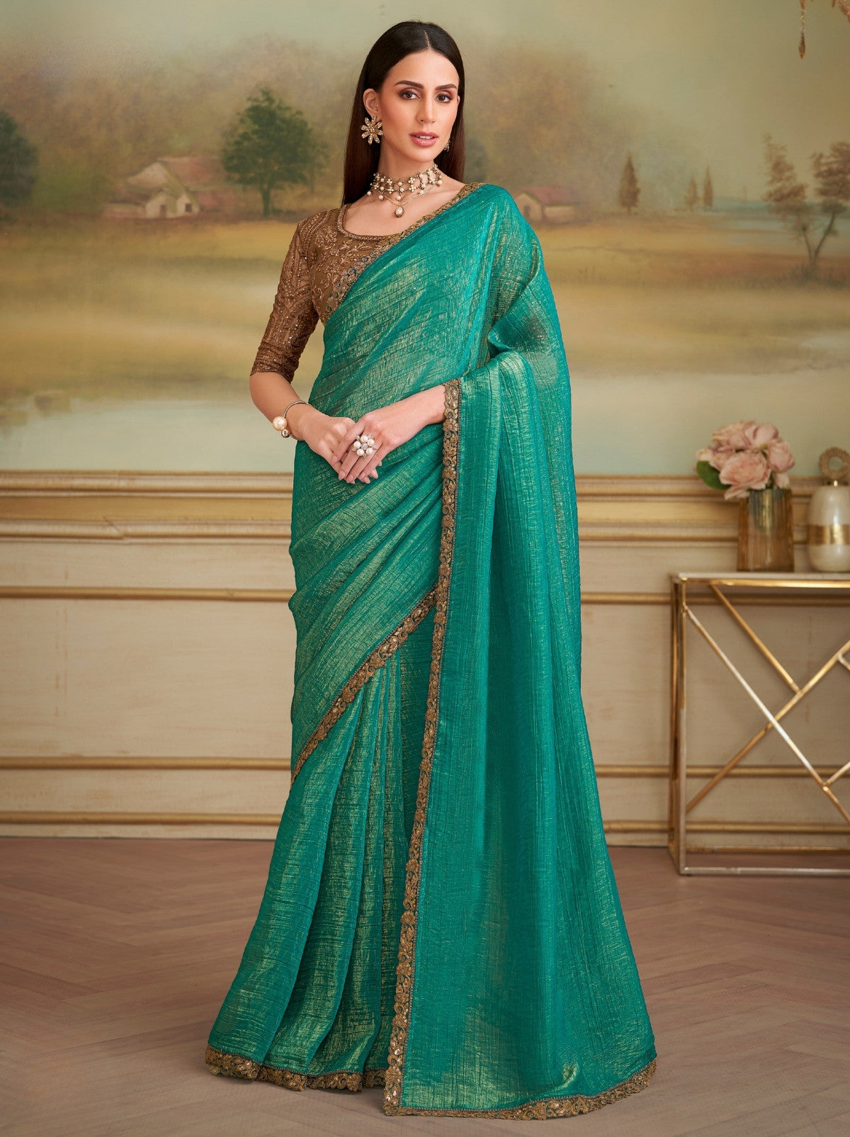 Teal Green Premium Georgette Silk Saree For Wedding & Parties