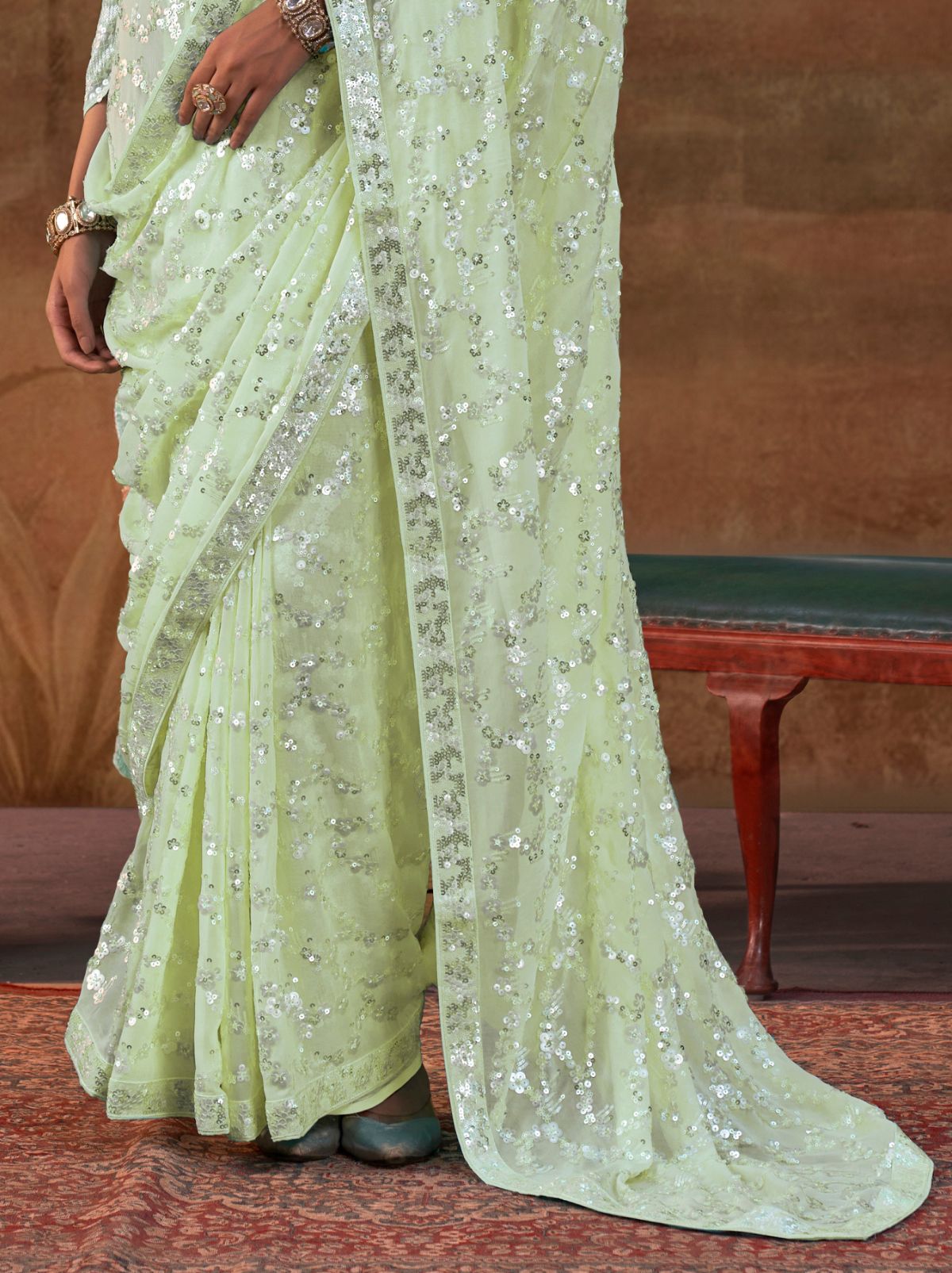 Mint Green Premium Georgette Silk Saree Sequin & Thread Work