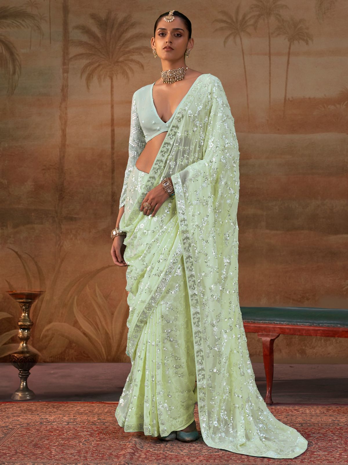 Mint Green Premium Georgette Silk Saree Sequin & Thread Work