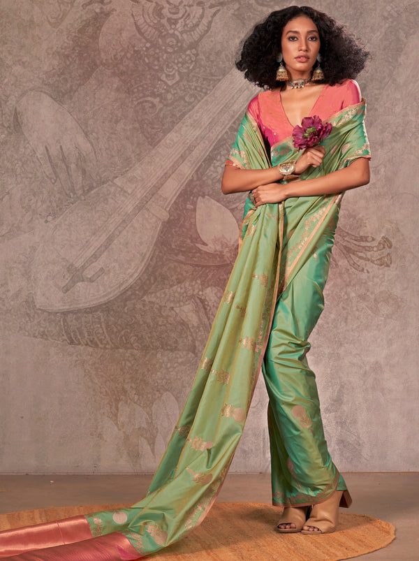 Mint Green Designer Two Tone Handloom Silk Saree With Zari Work
