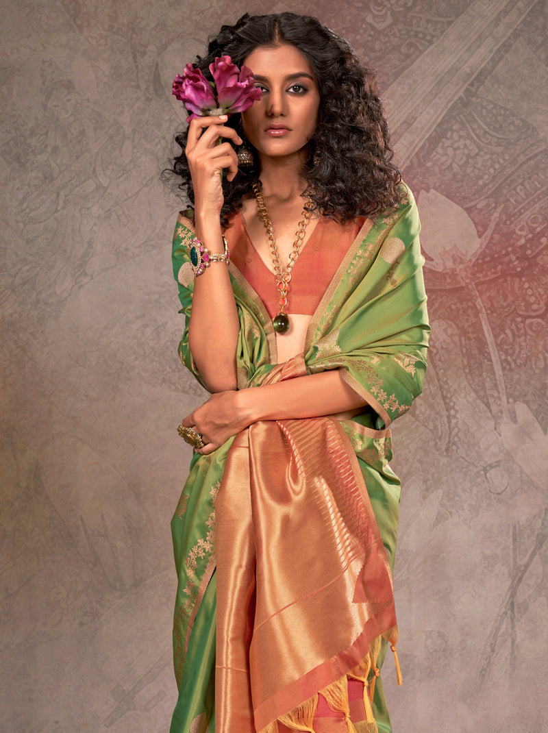 Apple Green Designer Two Tone Handloom Silk Saree With Zari Work