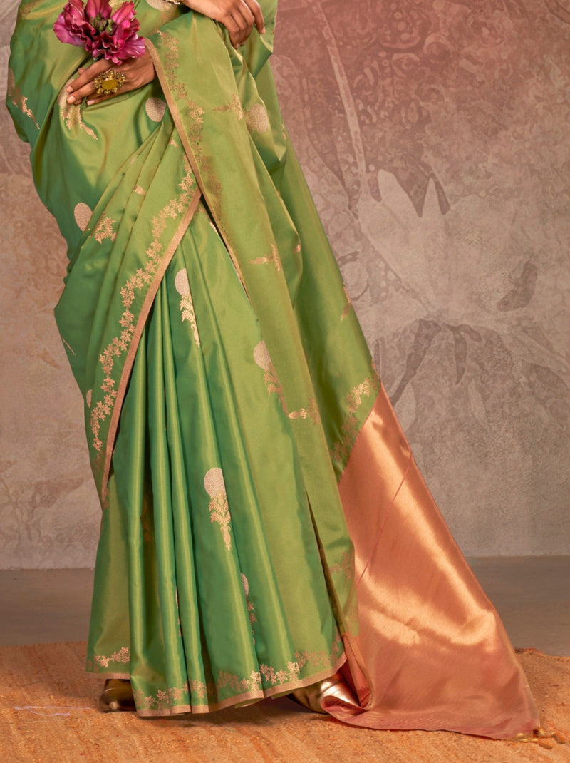 Apple Green Designer Two Tone Handloom Silk Saree With Zari Work