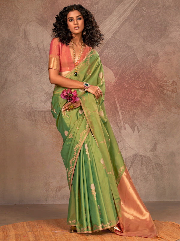 Apple Green Designer Two Tone Handloom Silk Saree With Zari Work