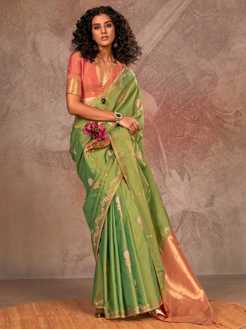 Apple Green Designer Two Tone Handloom Silk Saree With Zari Work