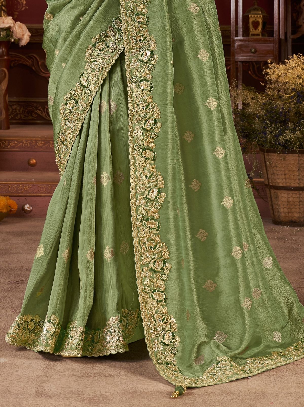 Fern Green Premium Heavy Work Bridal Saree With Rich Border Design