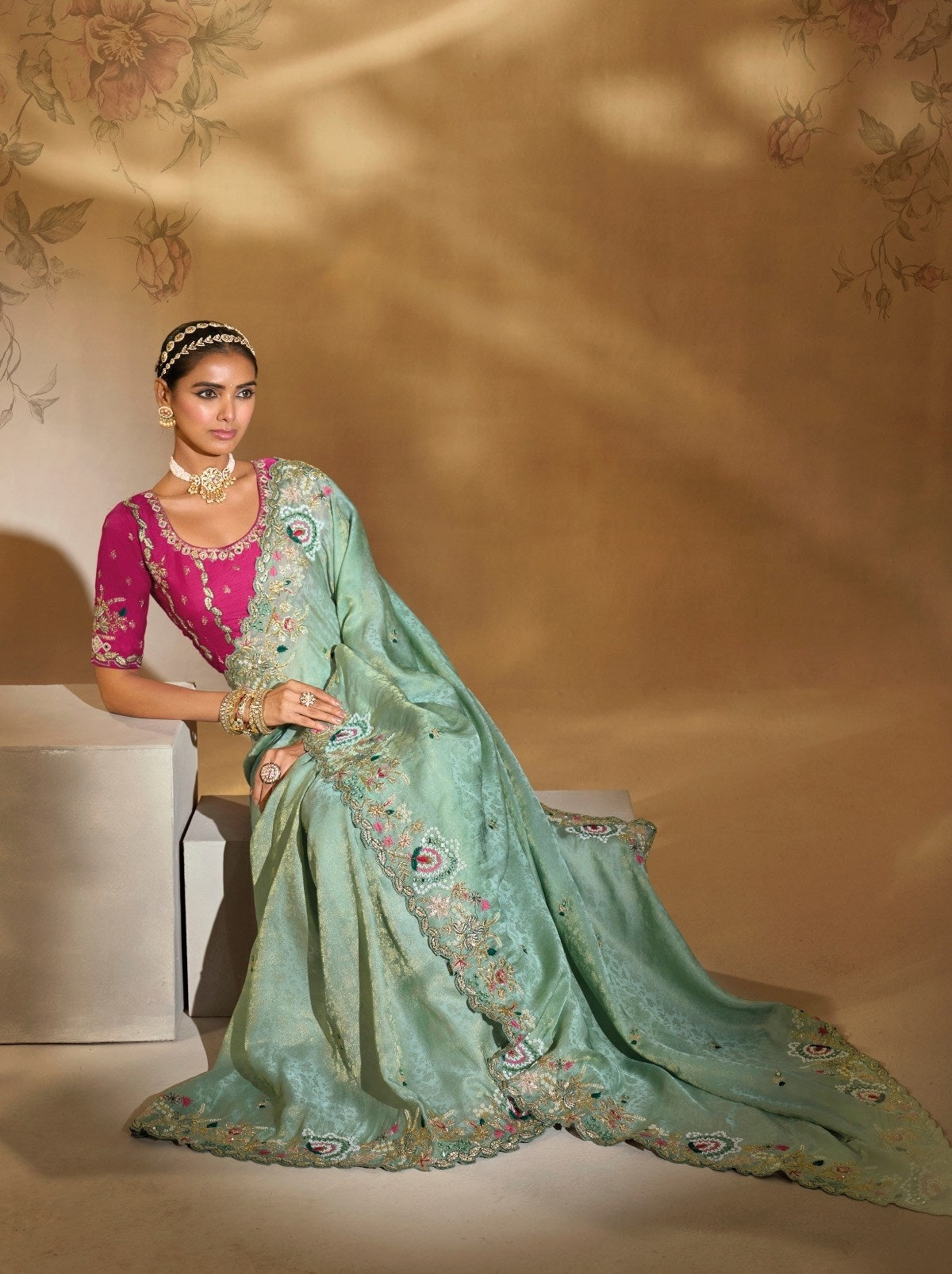 Sea Green Premium Kanjivaram Silk Blend With Heavy Pearl Work