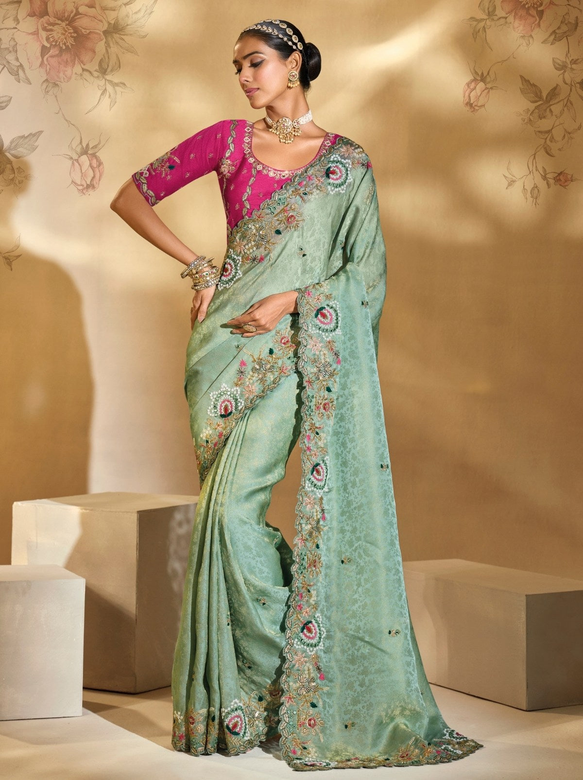 Sea Green Premium Kanjivaram Silk Blend With Heavy Pearl Work