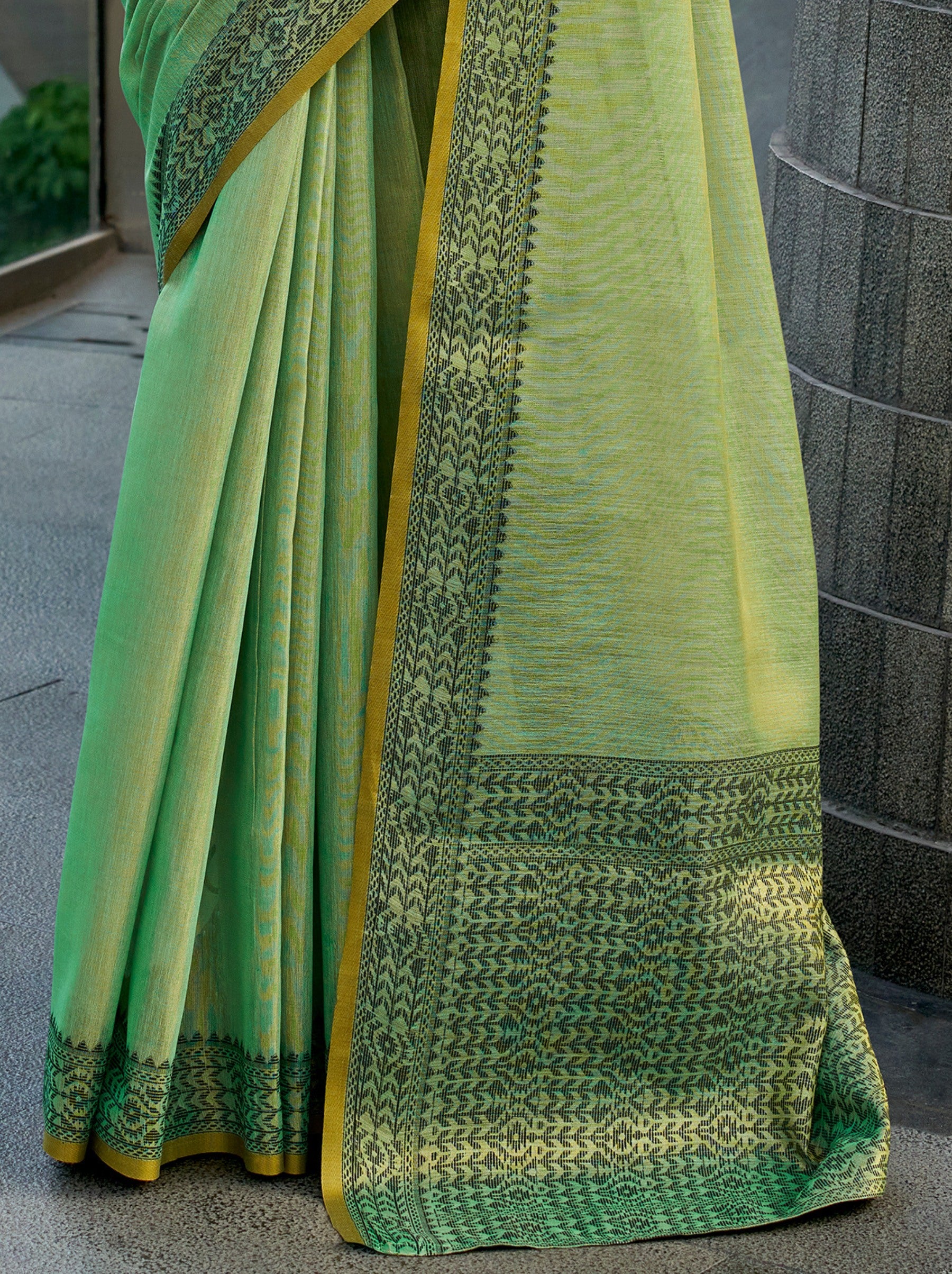 Sea Green Premium Linen Tissue Celebration Saree - TrendOye