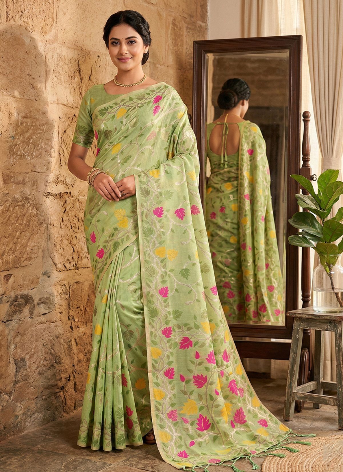 Pistachio Green Premium Linen Cotton Saree With Floral Pattern - TrendOye