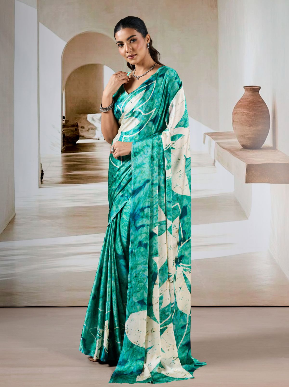 Sea Green Premium Modal Satin Silk Saree - TrendOye