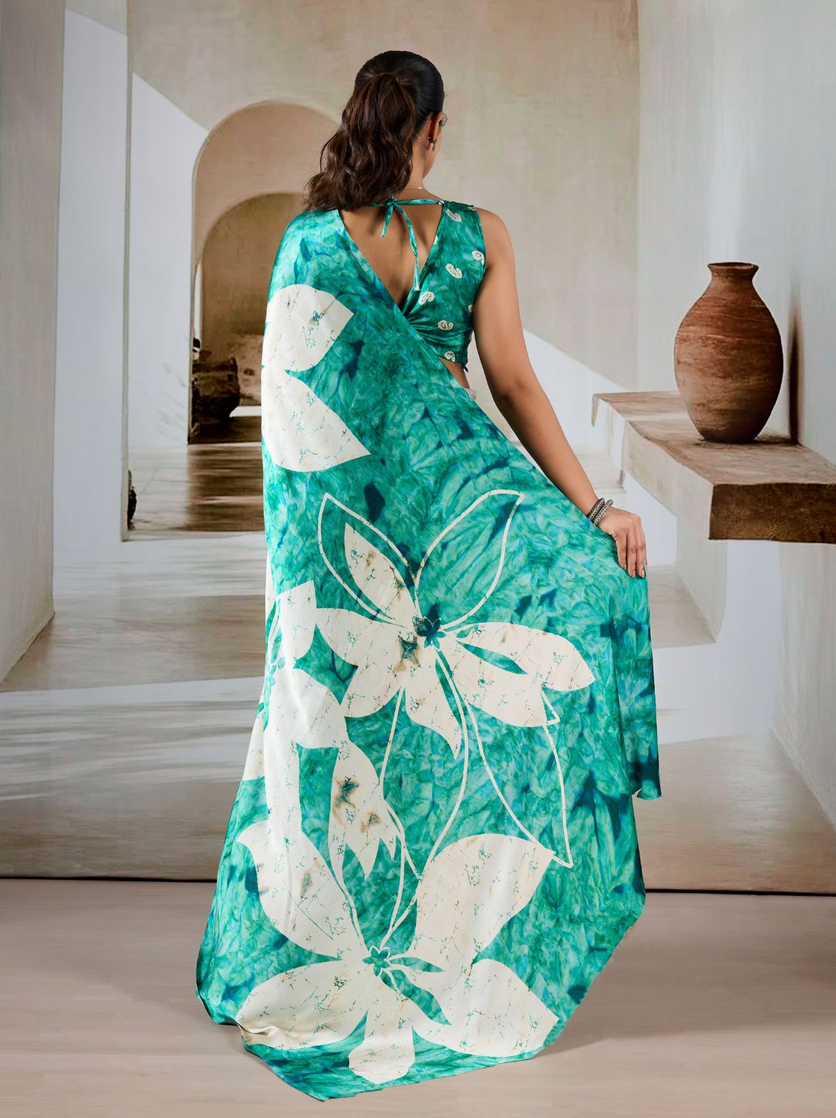 Sea Green Premium Modal Satin Silk Saree - TrendOye