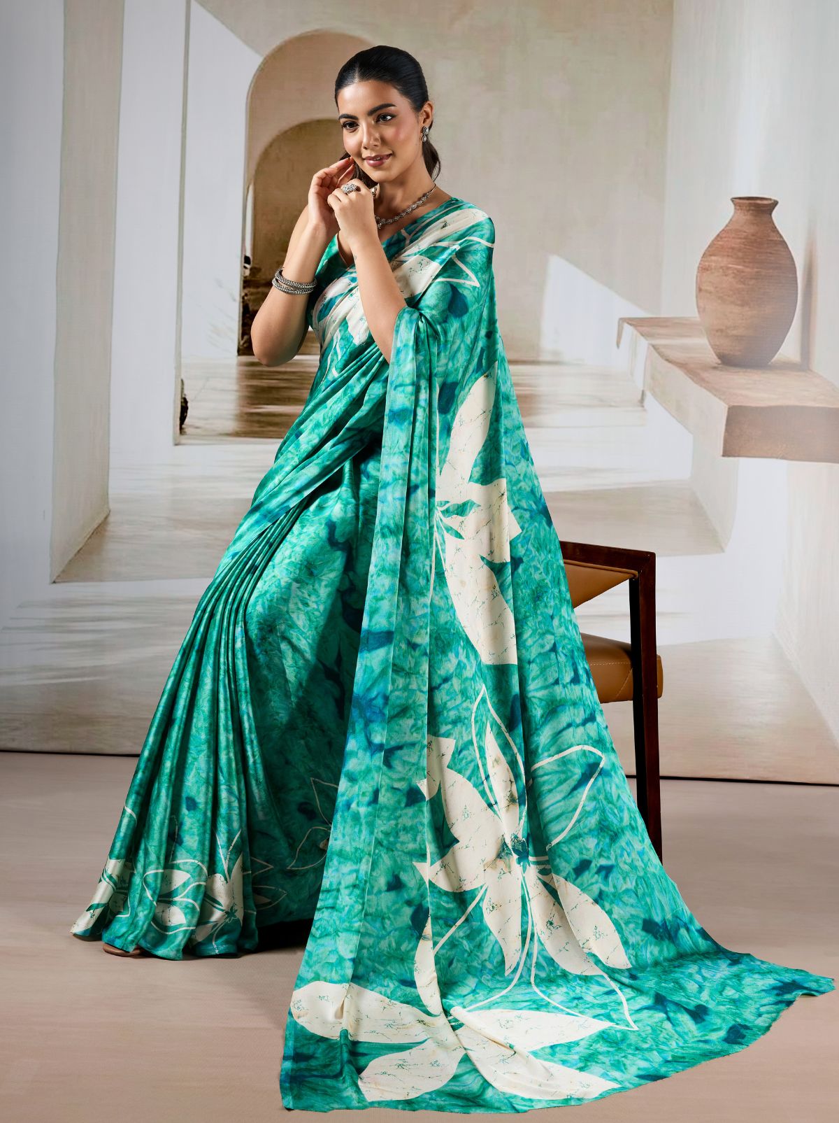 Sea Green Premium Modal Satin Silk Saree - TrendOye