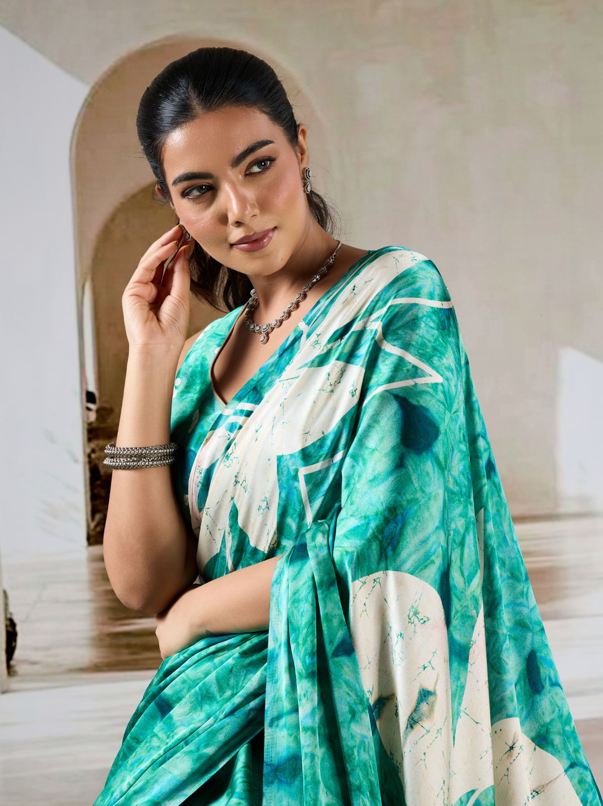Sea Green Premium Modal Satin Silk Saree - TrendOye