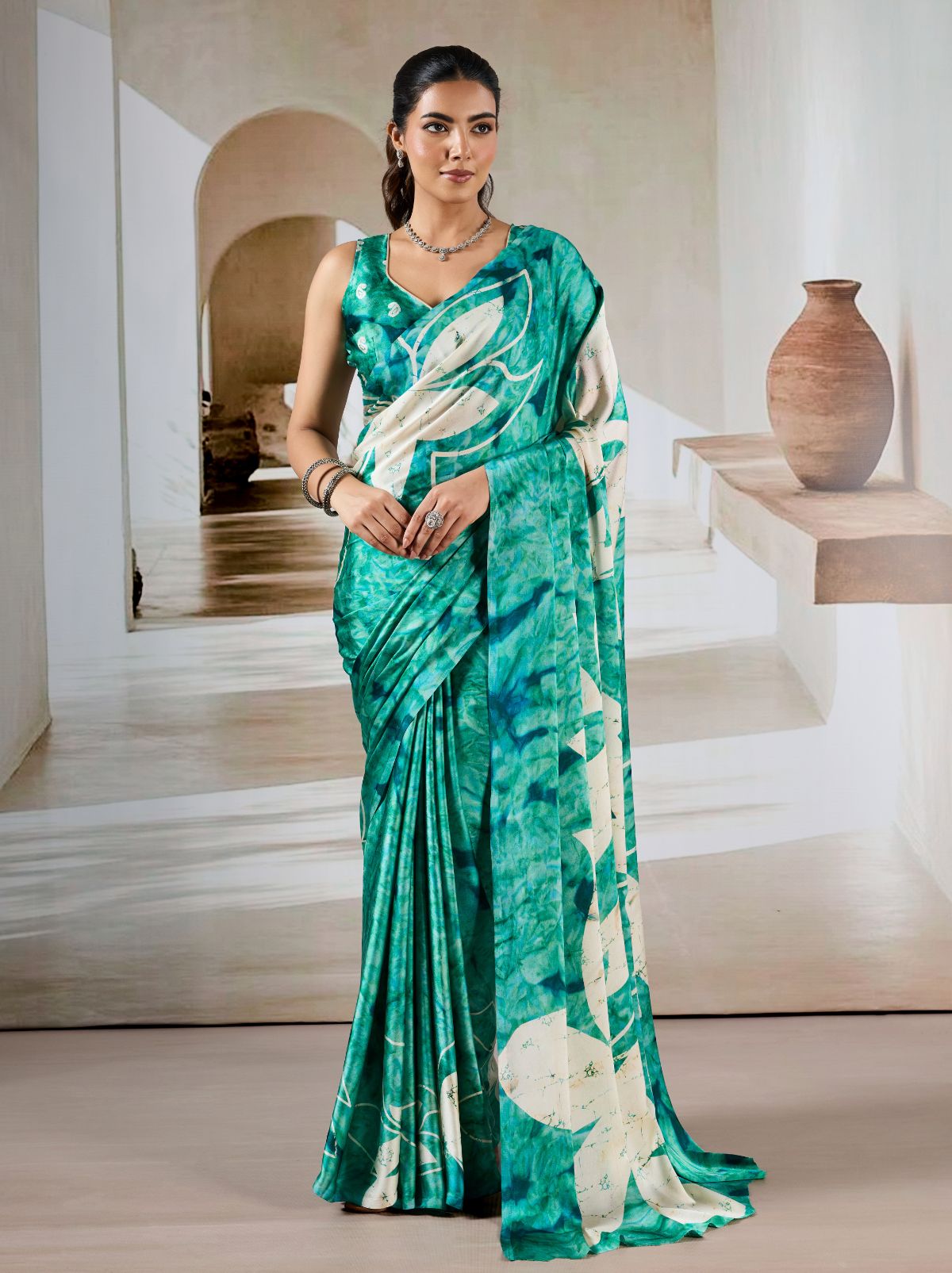 Sea Green Premium Modal Satin Silk Saree - TrendOye