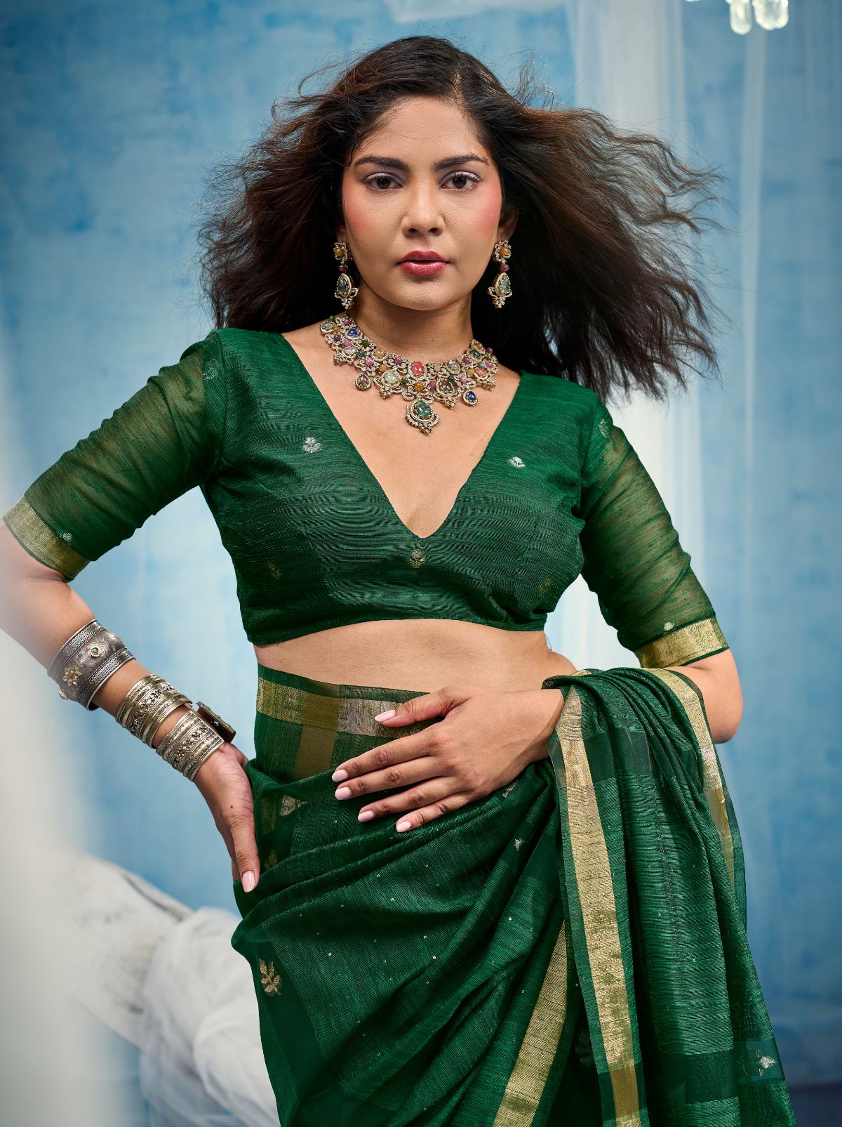 Sacramento Green Premium Munga Silk Ethnic Saree With Tassels