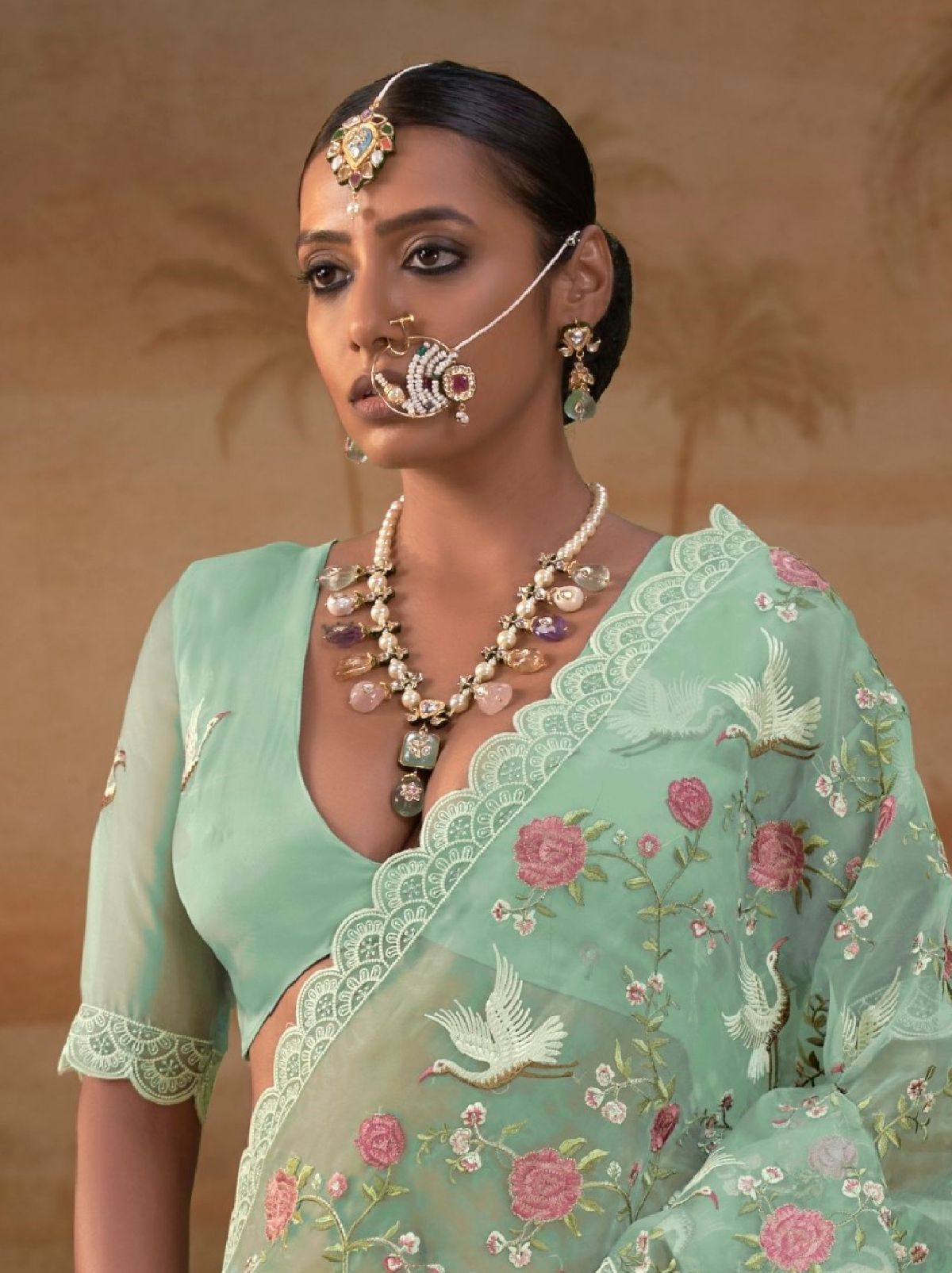 Seafoam Green Premium Organza Silk Saree with Floral Embroidery
