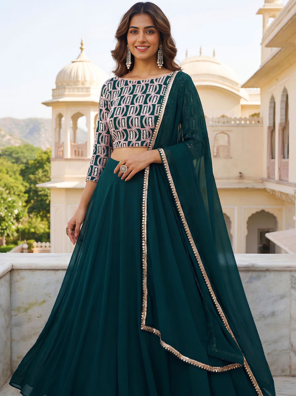 Persian Green Premium Party Lehenga Set With Sequin Work