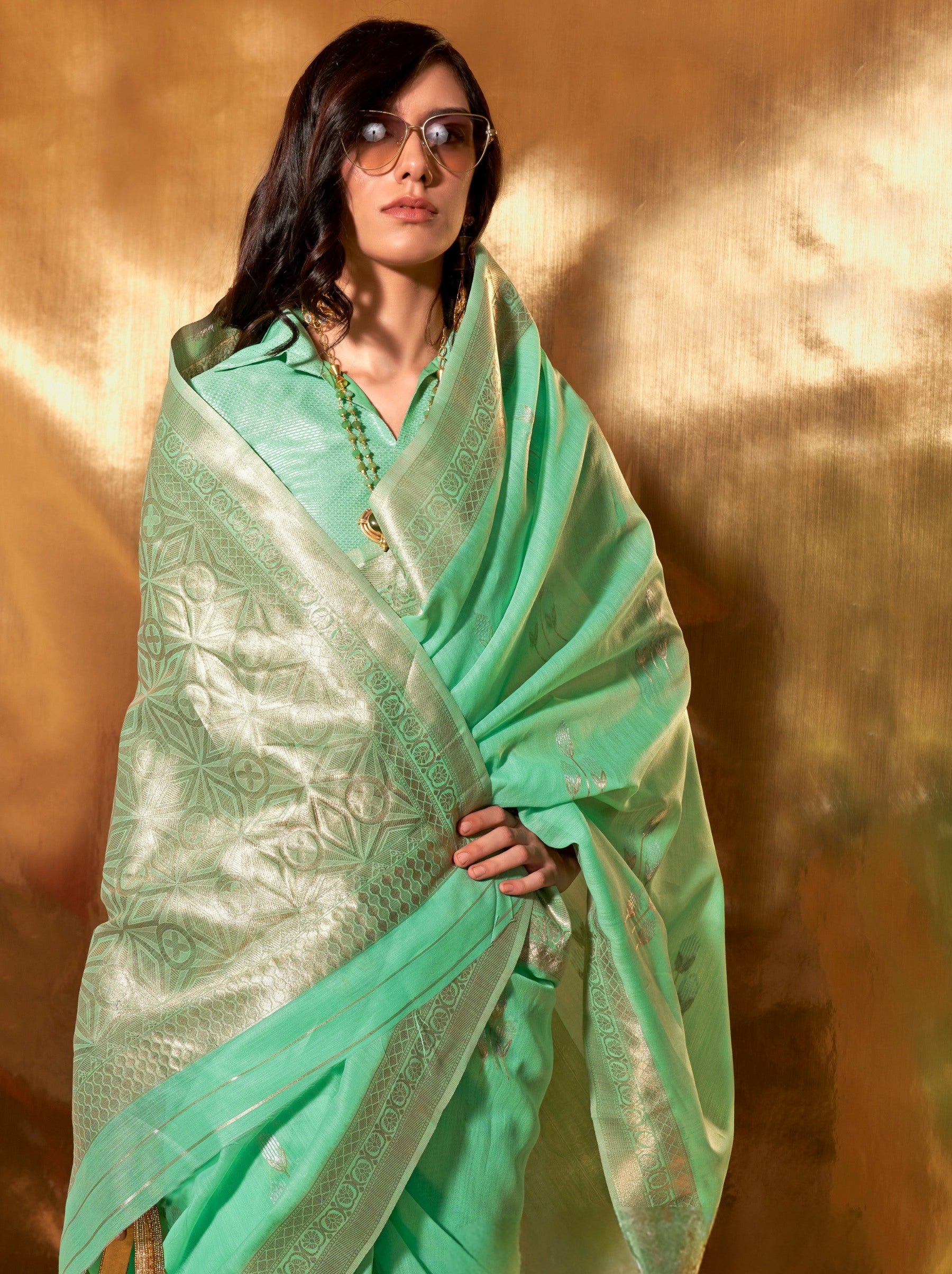 Mint Green Designer Linen Silk Saree With Blouse Piece