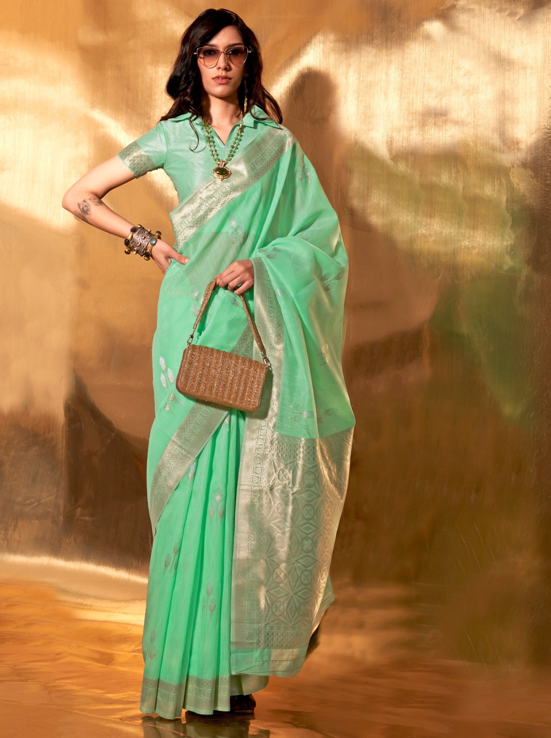 Mint Green Designer Linen Silk Saree With Blouse Piece