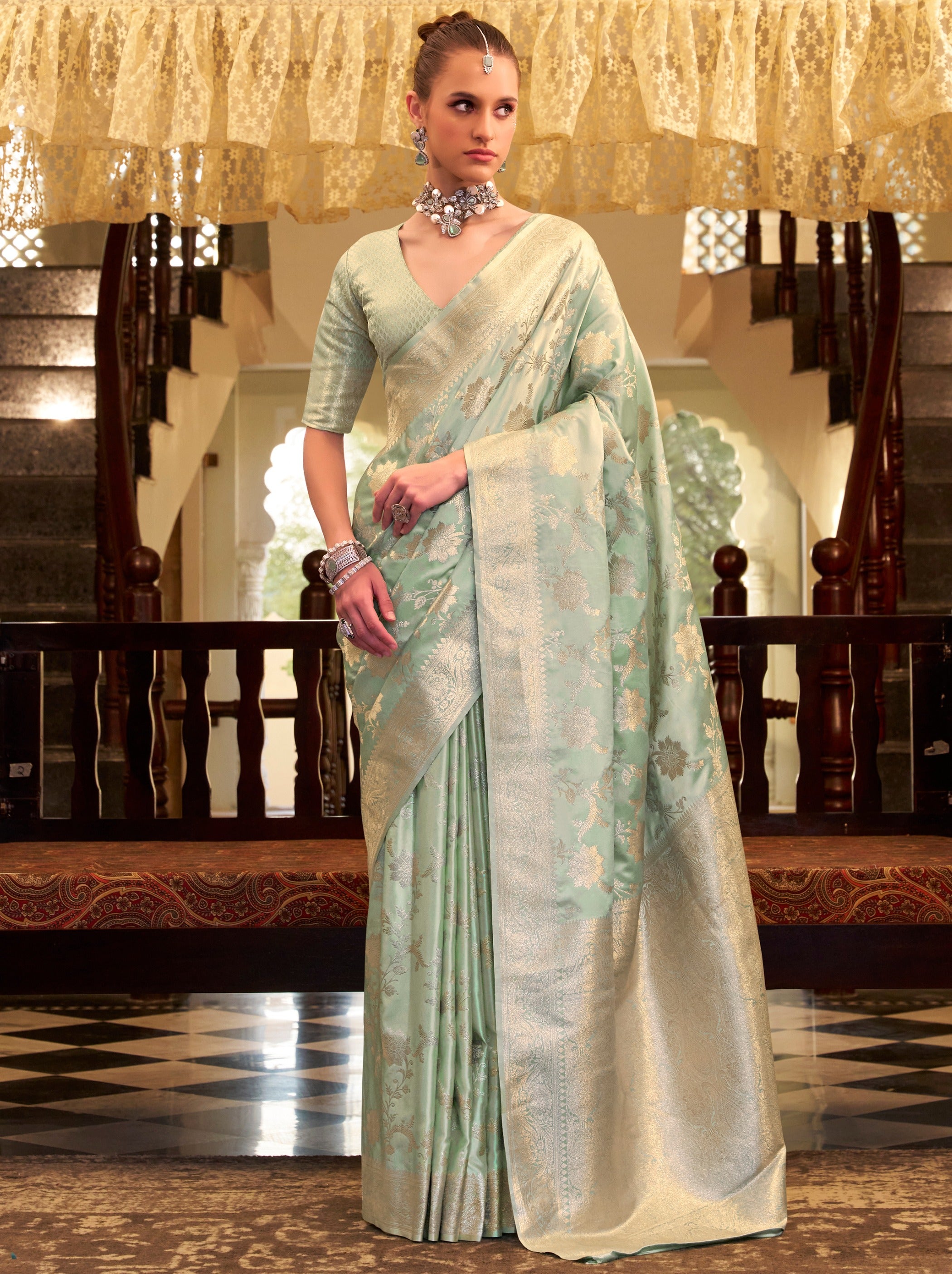 Mint Green Soft Silk Designer Saree With Soft Zari Work - TrendOye