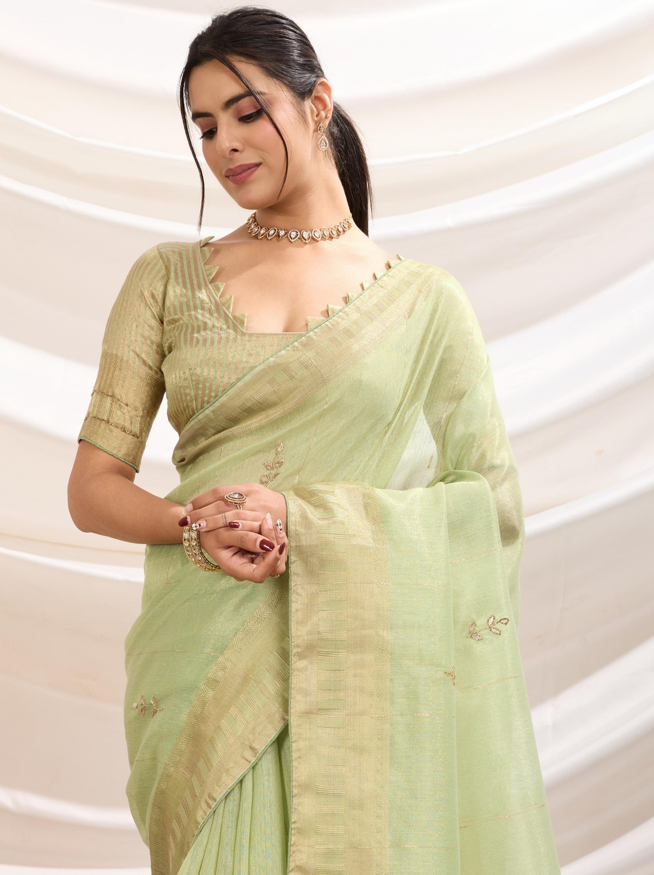 Pastel Green Tissue Linen Premium Saree With Blouse Piece - TrendOye