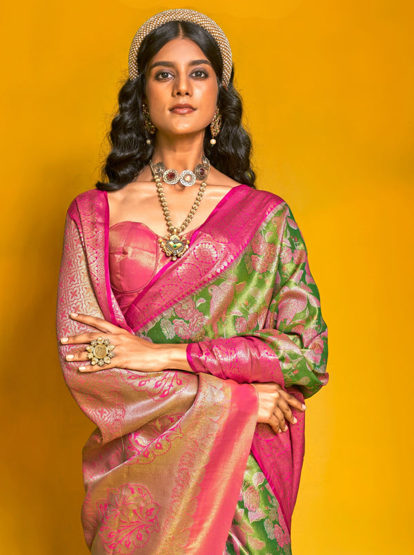Lawn Green Premium Soft Silk Floral Pattern Saree With Unstitched Blouse