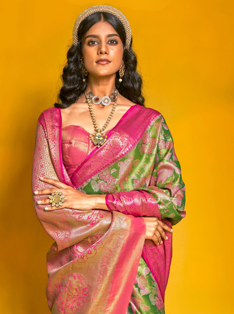 Lawn Green Premium Soft Silk Floral Pattern Saree With Unstitched Blouse