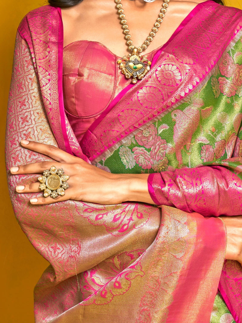 Lawn Green Premium Soft Silk Floral Pattern Saree With Unstitched Blouse