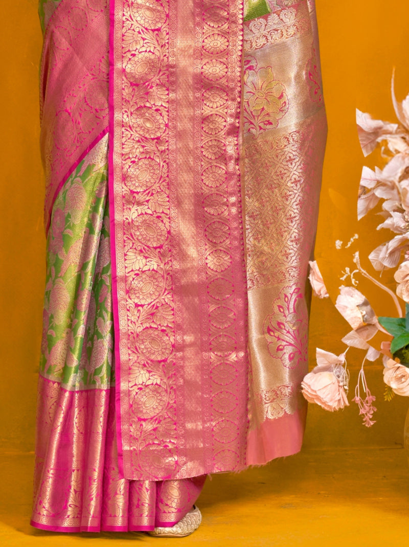 Lawn Green Premium Soft Silk Floral Pattern Saree With Unstitched Blouse