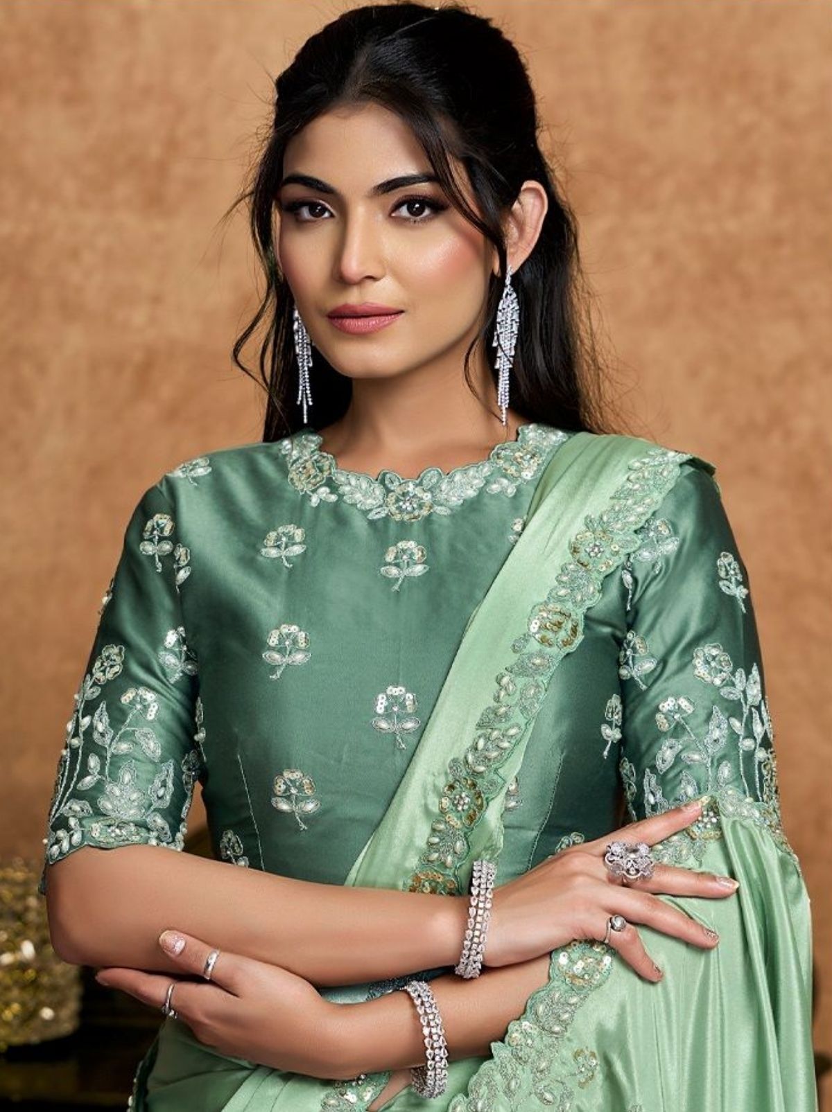 Mint Green Premium Reception Wear Saree With Unstitched Blouse
