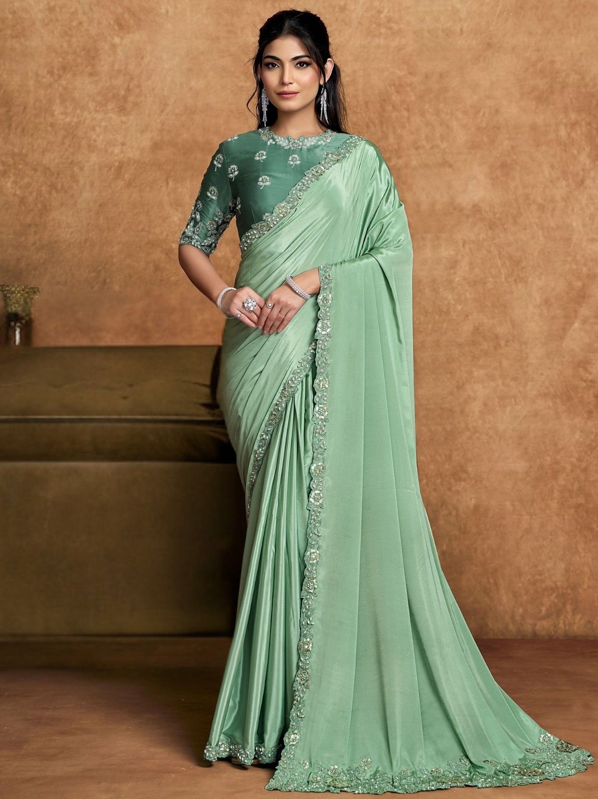 Mint Green Premium Reception Wear Saree With Unstitched Blouse