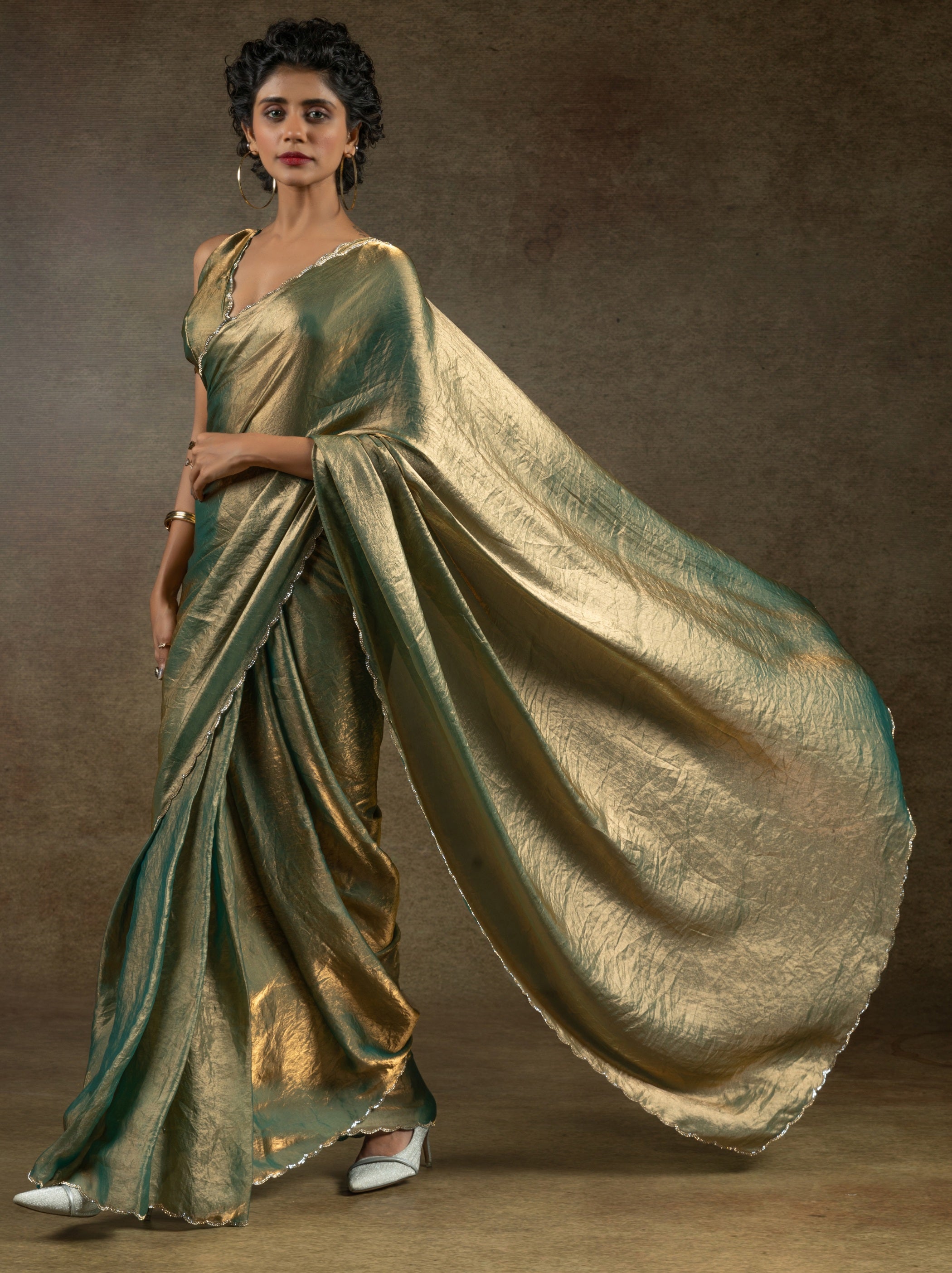 Teal Green Designer Ready to Wear Party Saree With Stone Work