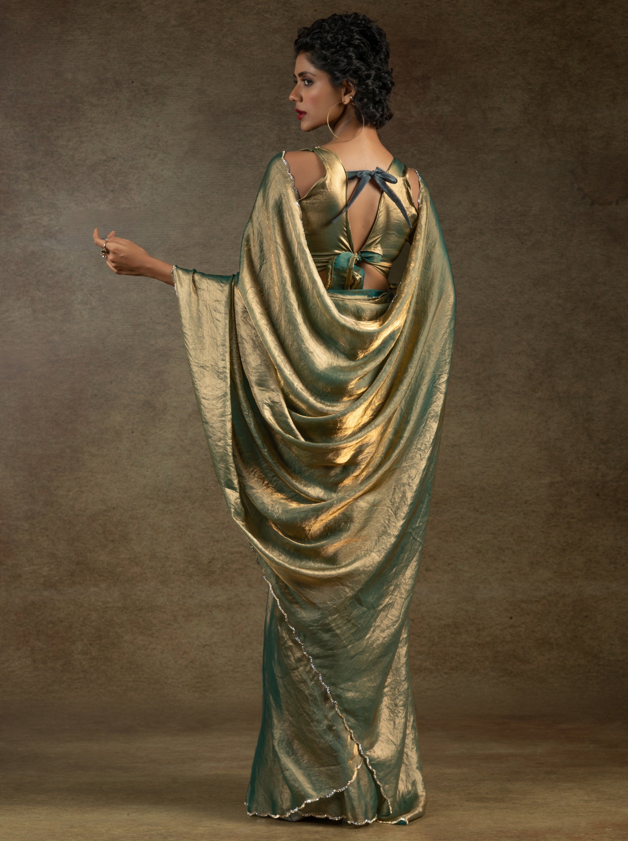 Teal Green Designer Ready to Wear Party Saree With Stone Work - TrendOye