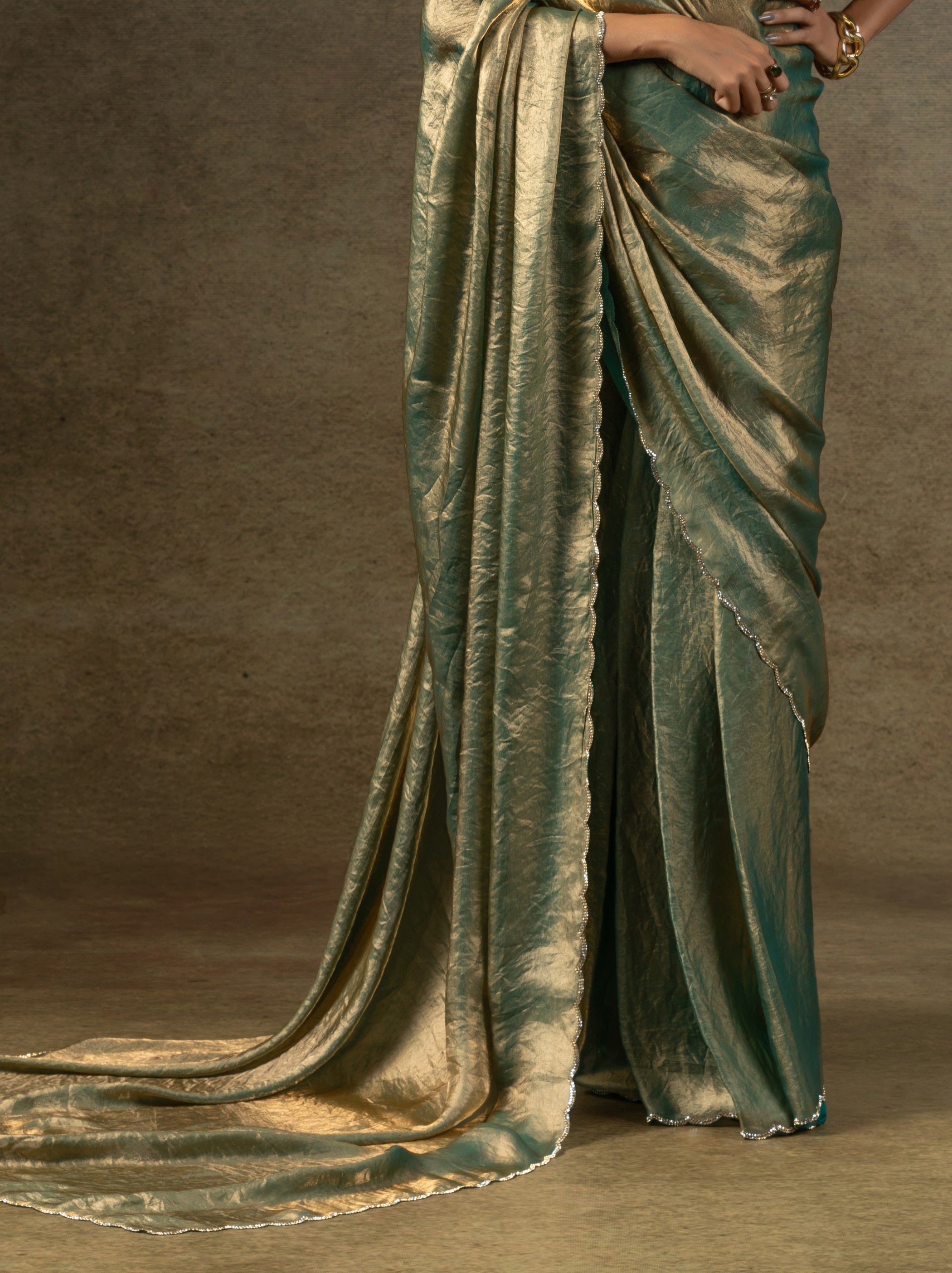 Teal Green Designer Ready to Wear Party Saree With Stone Work - TrendOye