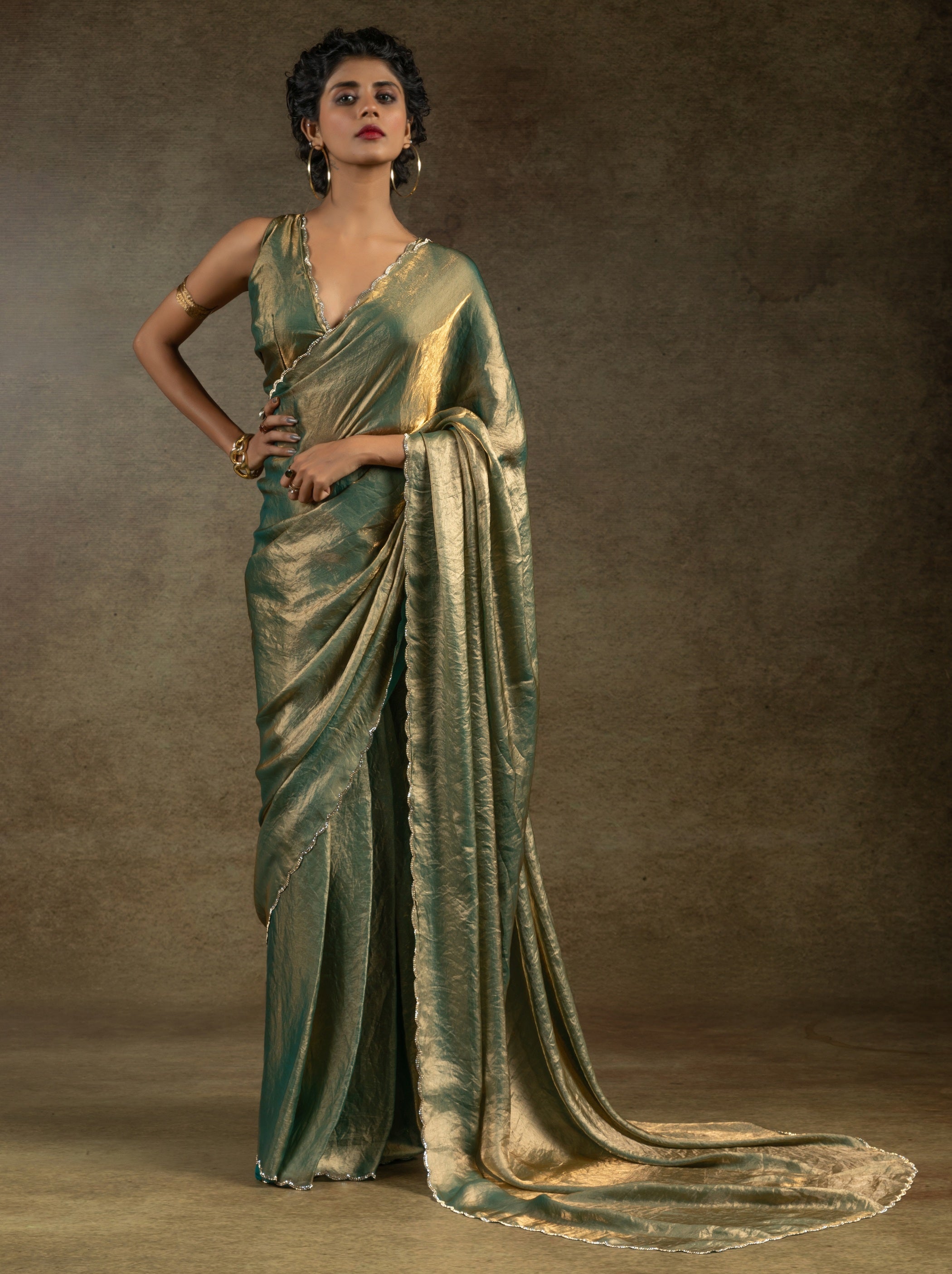 Teal Green Designer Ready to Wear Party Saree With Stone Work