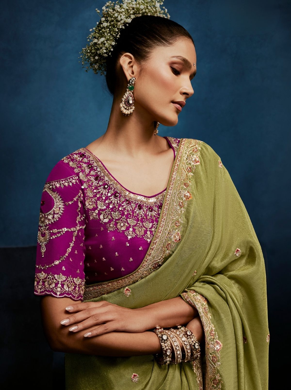 Moss Green Premium Sequin Embellished Designer Saree With Blouse