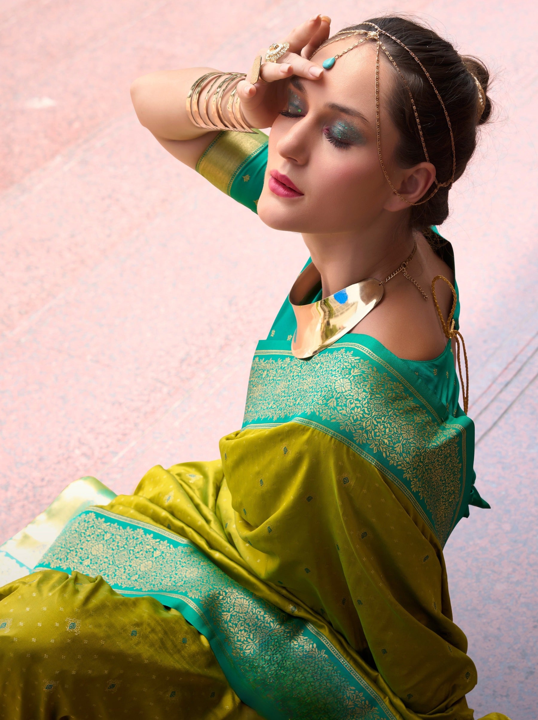 Limerick Green Festive Saree - TrendOye
