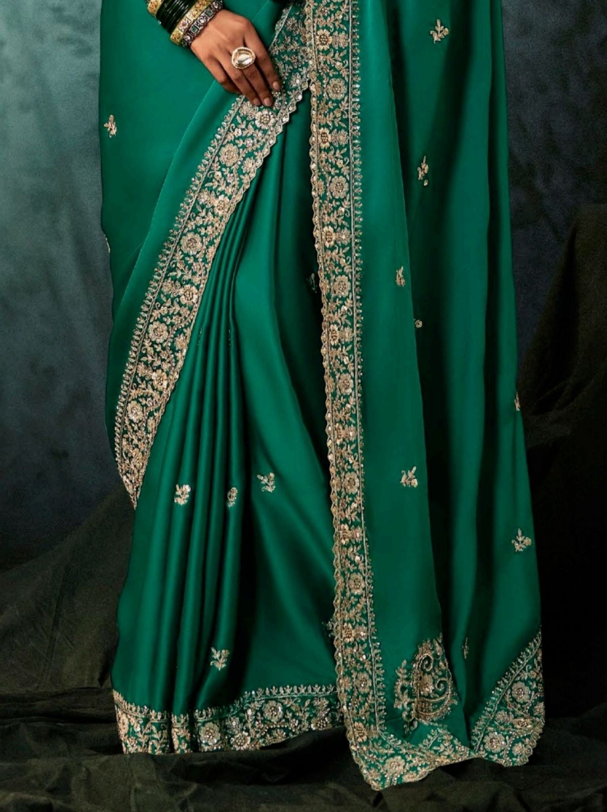 Pine Green Premium Soft Satin Silk Saree With Sequin Work