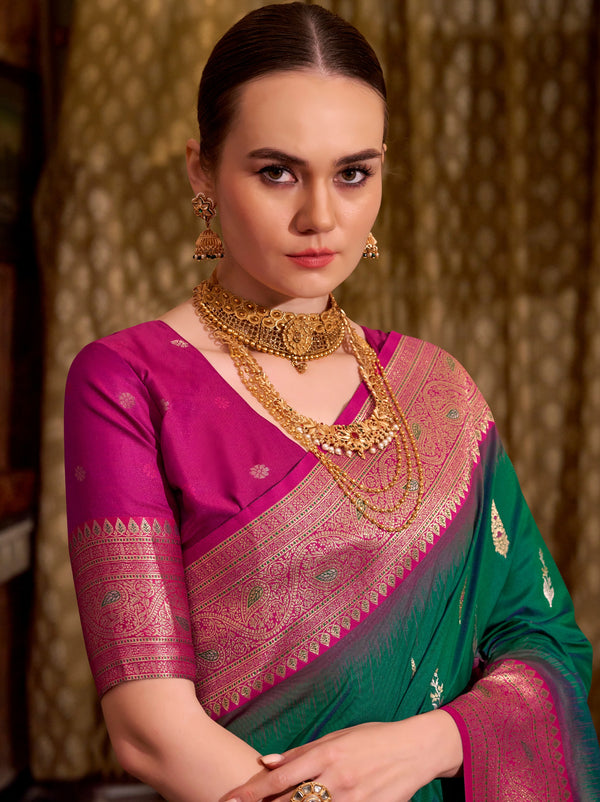 Emerald Green Premium Festive Silk Saree With Unstitched Blouse