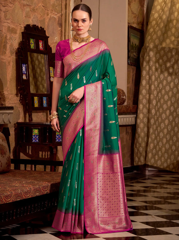 Emerald Green Premium Festive Silk Saree With Unstitched Blouse