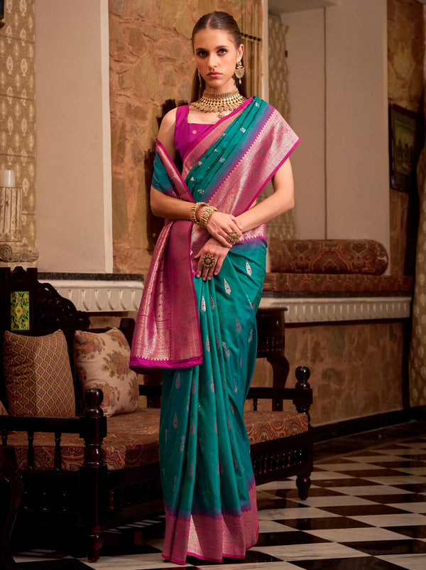 Teal Green Premium Festive Silk Saree With Unstitched Blouse