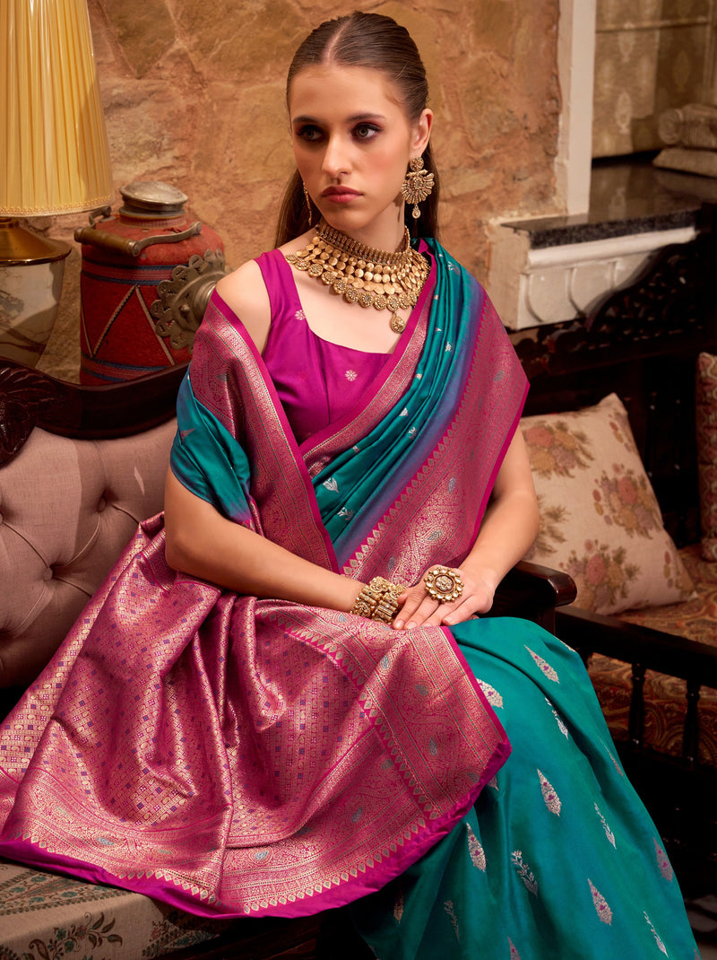 Teal Green Premium Festive Silk Saree With Unstitched Blouse