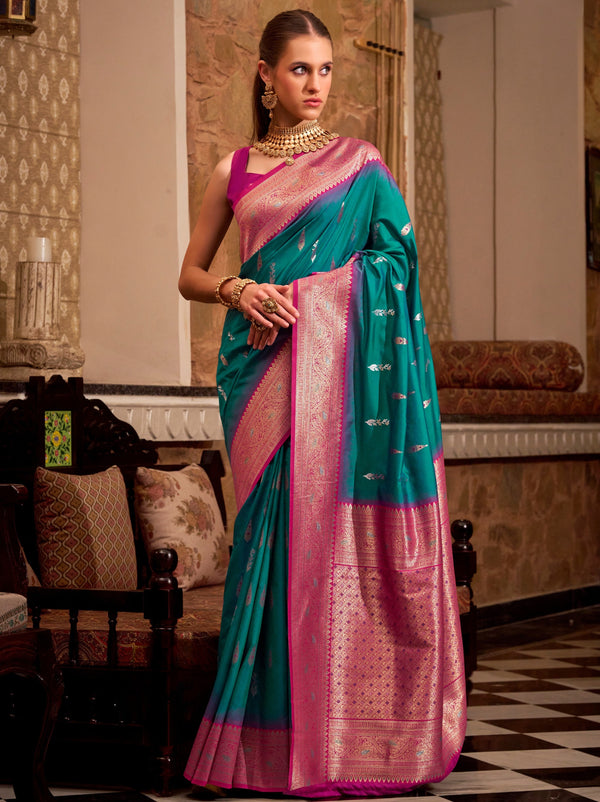 Teal Green Premium Festive Silk Saree With Unstitched Blouse