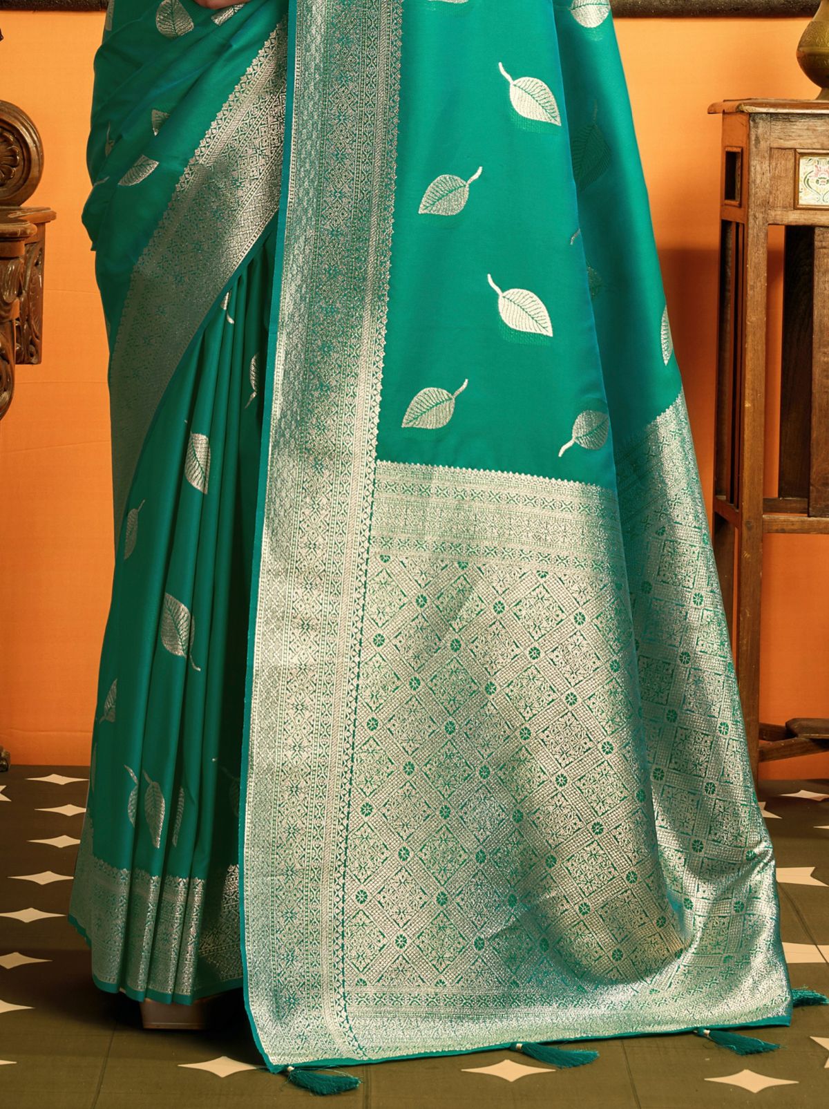 Persian Green Premium Soft Silk Saree With Tassels